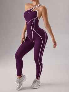SHEIN Core Rhythm 女款字母印花單肩無袖運動連身褲 - Purple Wisdom - 查看 6