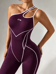 SHEIN Core Rhythm 女款字母印花單肩無袖運動連身褲 - Purple Wisdom - 查看 5