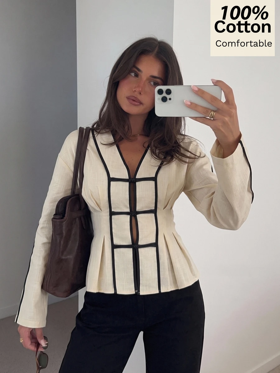 Siren Gaze Women's Colorblock Trim Long Sleeve Cinched Waist Ruffle Hem V-Neck Blouse - Apricot - View 1