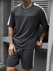 Manfinity CasualCool 男士夏季休闲运动日常通勤撞色侧缝宽松T恤和抽绳腰短裤套装 - 彩色 - 查看 5