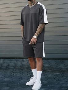 Manfinity CasualCool 男士夏季休闲运动日常通勤撞色侧缝宽松T恤和抽绳腰短裤套装 - 彩色 - 查看 2