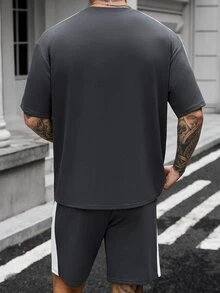 Manfinity CasualCool 男士夏季休闲运动日常通勤撞色侧缝宽松T恤和抽绳腰短裤套装 - 彩色 - 查看 7