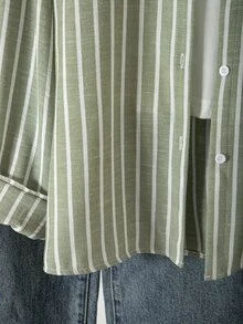 SHEIN Teen Girl Autumn Back To School Shirt, White Vertical Stripe Button Up Blouse, Holiday Party Birthday Casual Streetwear - Green - View 5