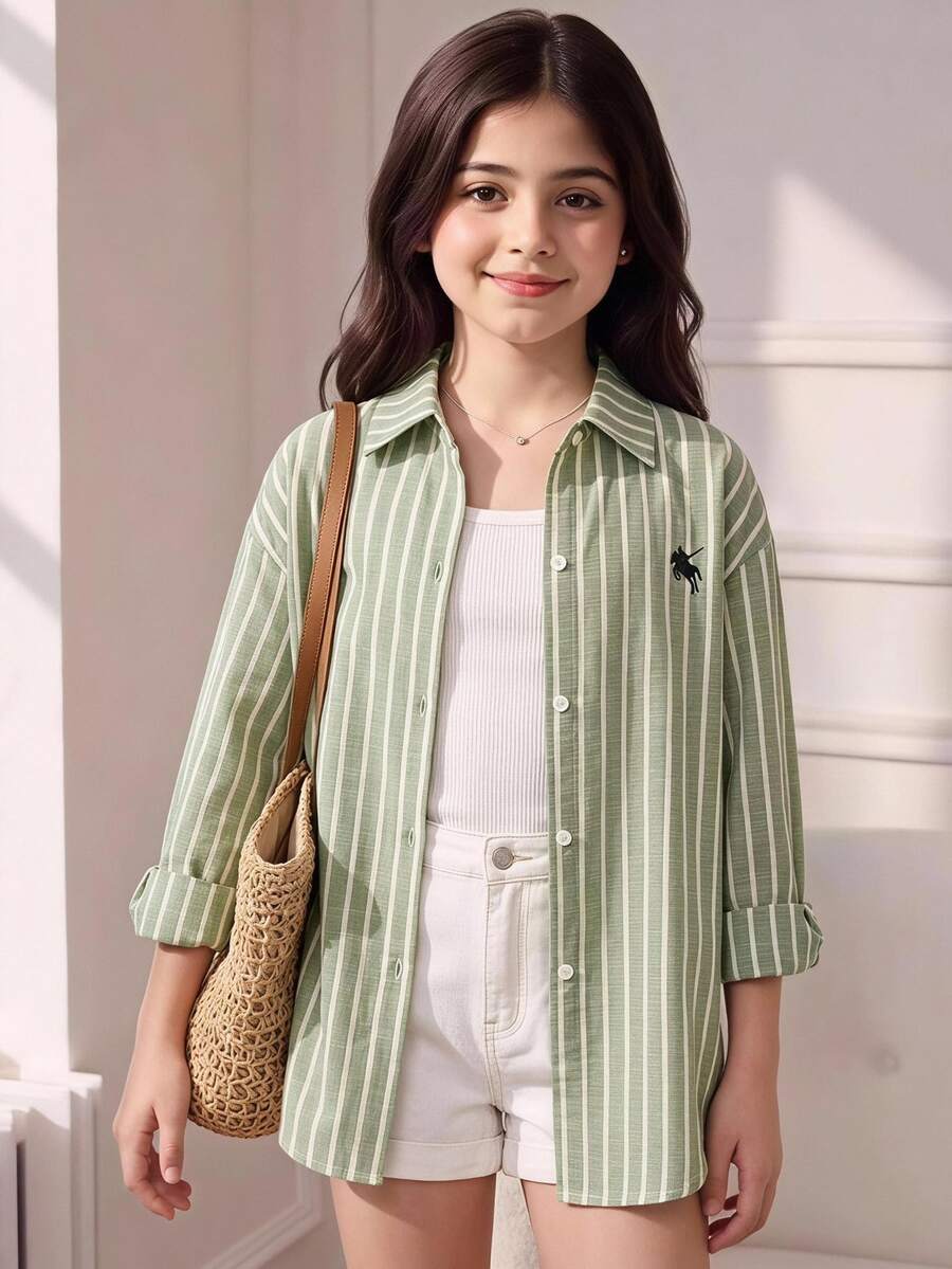 SHEIN Teen Girl Autumn Back To School Shirt, White Vertical Stripe Button Up Blouse, Holiday Party Birthday Casual Streetwear - Green - View 1