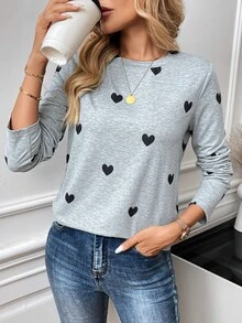 SHEIN LUNE Basic Fall/Winter Heart Pattern Graphic Gray Women T-Shirt, Suitable For Valentine's Day & Christmas - Grey - View 4