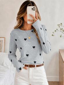 SHEIN LUNE Basic Fall/Winter Heart Pattern Graphic Gray Women T-Shirt, Suitable For Valentine's Day & Christmas - Grey - View 2