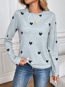 SHEIN LUNE Basic Fall/Winter Heart Pattern Graphic Gray Women T-Shirt, Suitable For Valentine's Day & Christmas - Grey - View 7