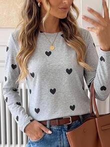 SHEIN LUNE Basic Fall/Winter Heart Pattern Graphic Gray Women T-Shirt, Suitable For Valentine's Day & Christmas - Grey - View 9