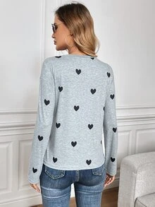 SHEIN LUNE Basic Fall/Winter Heart Pattern Graphic Gray Women T-Shirt, Suitable For Valentine's Day & Christmas - Grey - View 3