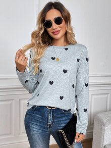 SHEIN LUNE Basic Fall/Winter Heart Pattern Graphic Gray Women T-Shirt, Suitable For Valentine's Day & Christmas - Grey - View 6