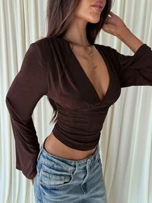 Aloruh Women's Elegant Deep V-Neck Ruched Waist Long Sleeve T-Shirt,Fall Top,Fall T-Shirt,Going Out Top,Basic Top Fall,Basic Tops For Women,V Neck Top Coffee - Brown - View 7