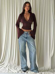Aloruh Women's Elegant Deep V-Neck Ruched Waist Long Sleeve T-Shirt,Fall Top,Fall T-Shirt,Going Out Top,Basic Top Fall,Basic Tops For Women,V Neck Top Coffee - Brown - View 6