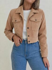 SHEIN LUNE Flap Pocket Button Front Crop Corduroy Jacket In Fall/Winter - Khaki - View 1