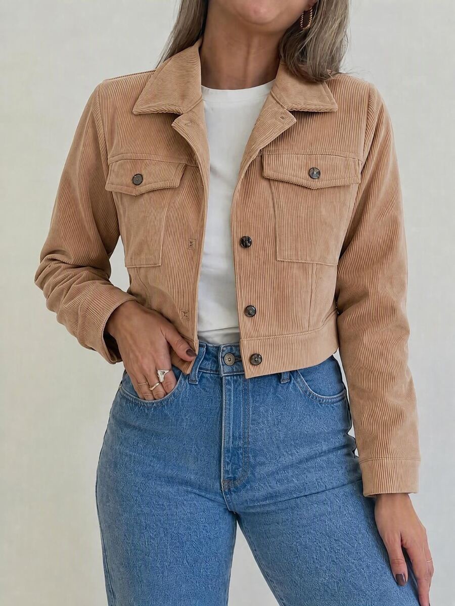 SHEIN LUNE Flap Pocket Button Front Crop Corduroy Jacket In Fall/Winter - Khaki - View 1