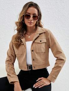 SHEIN LUNE Flap Pocket Button Front Crop Corduroy Jacket In Fall/Winter - Khaki - View 6