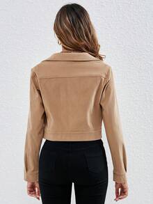 SHEIN LUNE Flap Pocket Button Front Crop Corduroy Jacket In Fall/Winter - Khaki - View 2