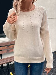 EMERY ROSE 秋冬女士圆领长袖简约休闲毛衣，饰有仿珍珠装饰 - 杏色 - 查看 6