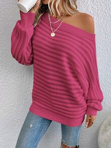 Easowa Sweater Lengan Kelelawar, Atasan Lengan Panjang untuk Musim Gugur/ Kasual Warna Fuchsia Pink untuk Acara Brunch - Hot Pink - View 8