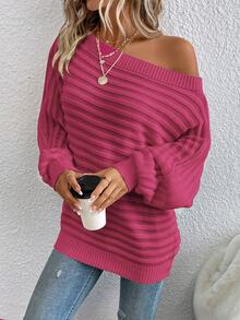 Easowa Sweater Lengan Kelelawar, Atasan Lengan Panjang untuk Musim Gugur/ Kasual Warna Fuchsia Pink untuk Acara Brunch - Hot Pink - View 5