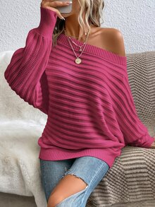 Easowa Sweater Lengan Kelelawar, Atasan Lengan Panjang untuk Musim Gugur/ Kasual Warna Fuchsia Pink untuk Acara Brunch - Hot Pink - View 6