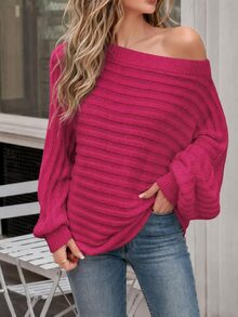 Easowa Sweater Lengan Kelelawar, Atasan Lengan Panjang untuk Musim Gugur/ Kasual Warna Fuchsia Pink untuk Acara Brunch - Hot Pink - View 1