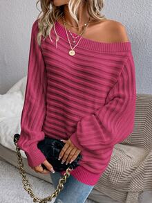 Easowa Sweater Lengan Kelelawar, Atasan Lengan Panjang untuk Musim Gugur/ Kasual Warna Fuchsia Pink untuk Acara Brunch - Hot Pink - View 3