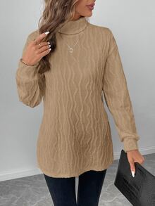 SHEIN LUNE Women's Classic Long Sleeve T-Shirt, Textured Knit Turtleneck, Comfortable & Versatile For Casual, Party, All Seasons,Fall - Khaki - View 6