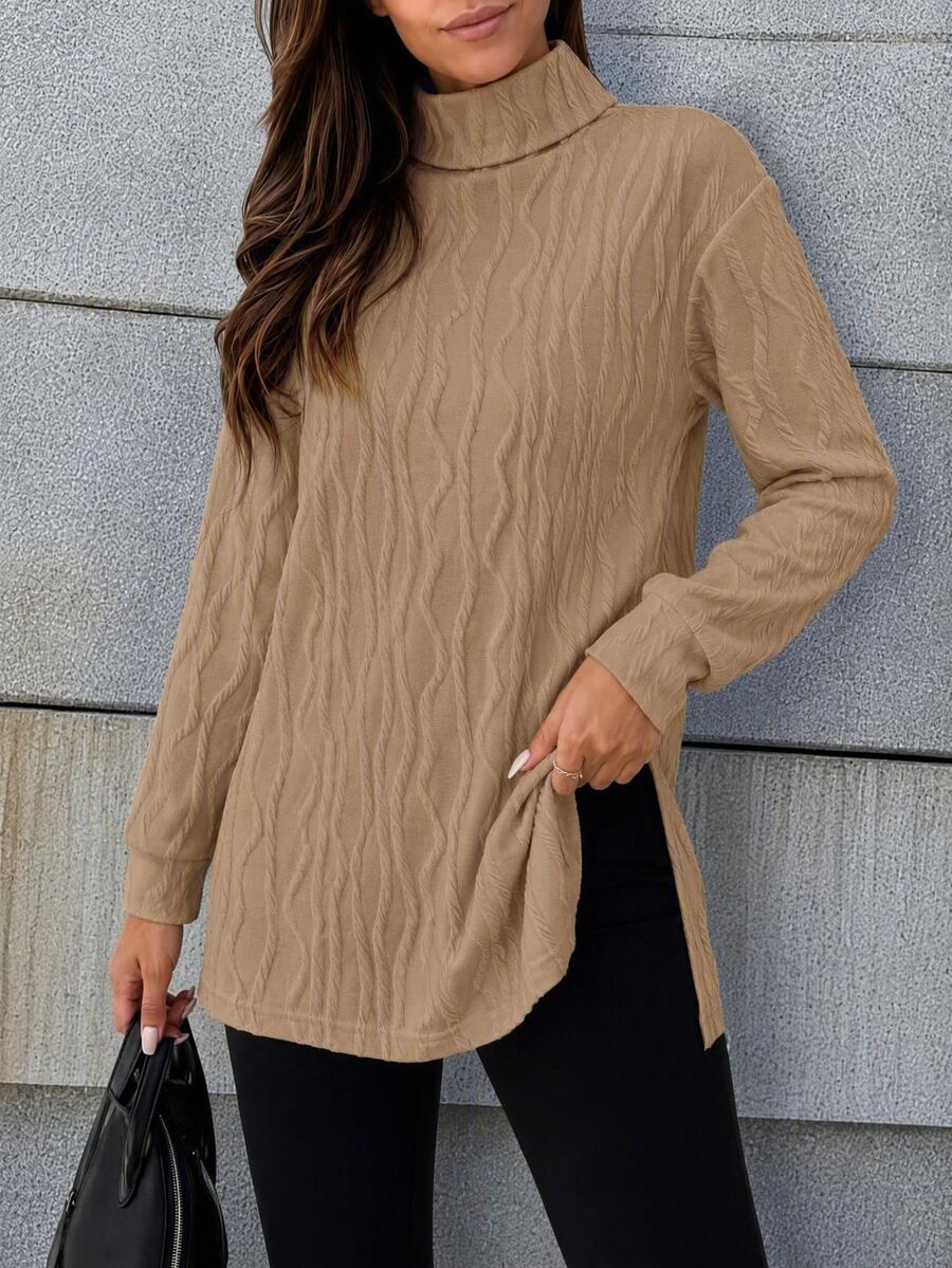 SHEIN LUNE Women's Classic Long Sleeve T-Shirt, Textured Knit Turtleneck, Comfortable & Versatile For Casual, Party, All Seasons,Fall