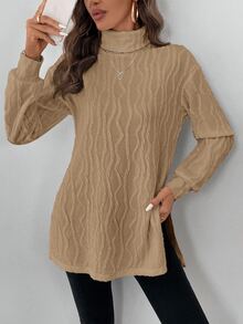 SHEIN LUNE Women's Classic Long Sleeve T-Shirt, Textured Knit Turtleneck, Comfortable & Versatile For Casual, Party, All Seasons,Fall - Khaki - View 4