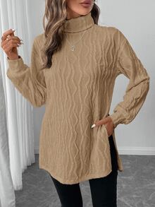 SHEIN LUNE Women's Classic Long Sleeve T-Shirt, Textured Knit Turtleneck, Comfortable & Versatile For Casual, Party, All Seasons,Fall - Khaki - View 7