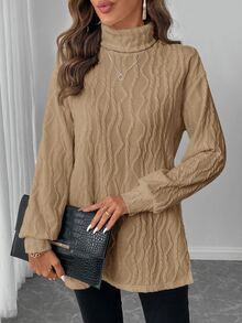 SHEIN LUNE Women's Classic Long Sleeve T-Shirt, Textured Knit Turtleneck, Comfortable & Versatile For Casual, Party, All Seasons,Fall - Khaki - View 5