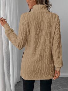SHEIN LUNE Women's Classic Long Sleeve T-Shirt, Textured Knit Turtleneck, Comfortable & Versatile For Casual, Party, All Seasons,Fall - Khaki - View 3