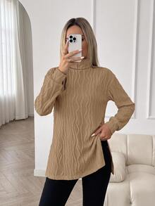 SHEIN LUNE Women's Classic Long Sleeve T-Shirt, Textured Knit Turtleneck, Comfortable & Versatile For Casual, Party, All Seasons,Fall - Khaki - View 8