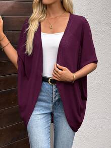 EMERY ROSE Women's Solid Color Casual Versatile Daily Wear Cardigan Office Everyday Travel Vacation Tourist Work Plum Purple Summer Autumn Outfit - Red Violet - View 4