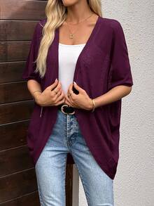 EMERY ROSE Women's Solid Color Casual Versatile Daily Wear Cardigan Office Everyday Travel Vacation Tourist Work Plum Purple Summer Autumn Outfit - Red Violet - View 6