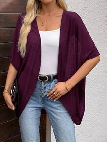 EMERY ROSE Women's Solid Color Casual Versatile Daily Wear Cardigan Office Everyday Travel Vacation Tourist Work Plum Purple Summer Autumn Outfit - Red Violet - View 3