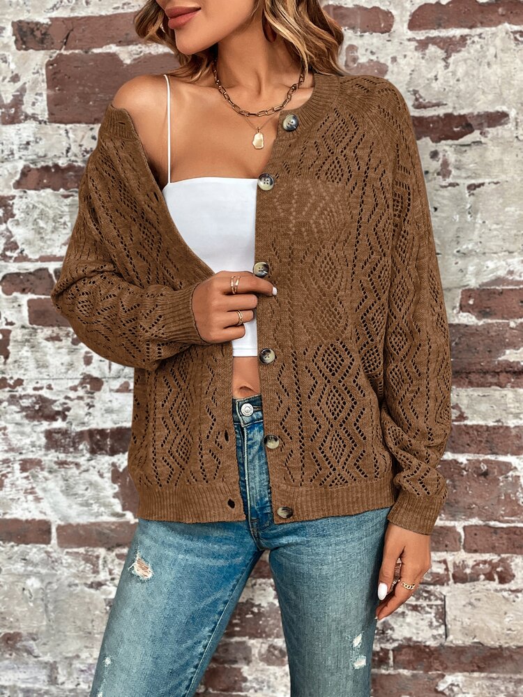 SHEIN LUNE 1pc Pointelle Knit Raglan Sleeve Cardigan,Long Sleeve Tops Autumn/Winter Outfit For Women - Coffee Brown - View 7