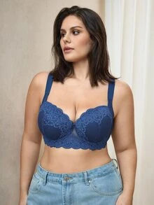 Bralution 1件大码蕾丝舒适无痕支撑钢圈文胸 - 藍色 - 查看 5