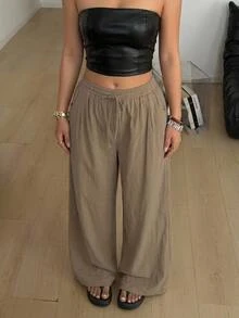 Coolane 女款大尺碼夏季秋季外出度假休閒優雅波西米亞風抽繩腰棉質寬鬆高腰長褲 卡其色 - 卡其色 - 查看 5