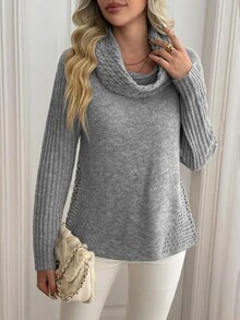 Louniche Sweater Wanita Lengan Panjang dengan Desain Kerah Model Cowl yang Elegan - Grey - View 5