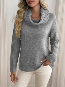 Louniche Sweater Wanita Lengan Panjang dengan Desain Kerah Model Cowl yang Elegan - Grey - View 4