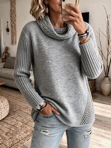 Louniche Sweater Wanita Lengan Panjang dengan Desain Kerah Model Cowl yang Elegan - Grey - View 1
