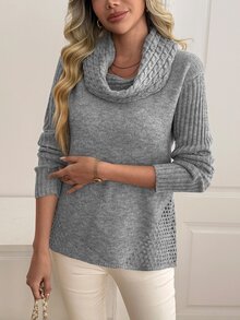Louniche Sweater Wanita Lengan Panjang dengan Desain Kerah Model Cowl yang Elegan - Grey - View 3