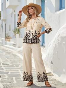 EMERY ROSE Women's Round Neck Raglan Long Sleeve Vintage Casual 3/4 Sleeve Shirt - Khaki - View 5