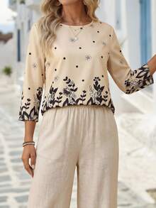 EMERY ROSE Women's Round Neck Raglan Long Sleeve Vintage Casual 3/4 Sleeve Shirt - Khaki - View 3
