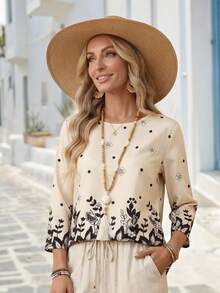 EMERY ROSE Women's Round Neck Raglan Long Sleeve Vintage Casual 3/4 Sleeve Shirt - Khaki - View 6