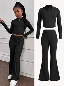 SHEIN Girlism Kids Tween Girl Sporty Casual Daily Knit Solid Color Cardigan Jacket & Flare Long Pants Set Fall/Winter Outfits - Black - View 2
