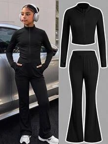 SHEIN Girlism Kids Tween Girl Sporty Casual Daily Knit Solid Color Cardigan Jacket & Flare Long Pants Set Fall/Winter Outfits - Black - View 6