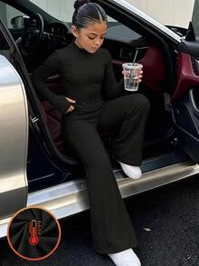 SHEIN Girlism Kids Tween Girl Sporty Casual Daily Knit Solid Color Cardigan Jacket & Flare Long Pants Set Fall/Winter Outfits - Black - View 7