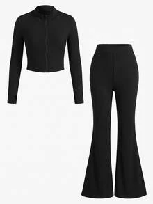 SHEIN Girlism Kids Tween Girl Sporty Casual Daily Knit Solid Color Cardigan Jacket & Flare Long Pants Set Fall/Winter Outfits - Black - View 4
